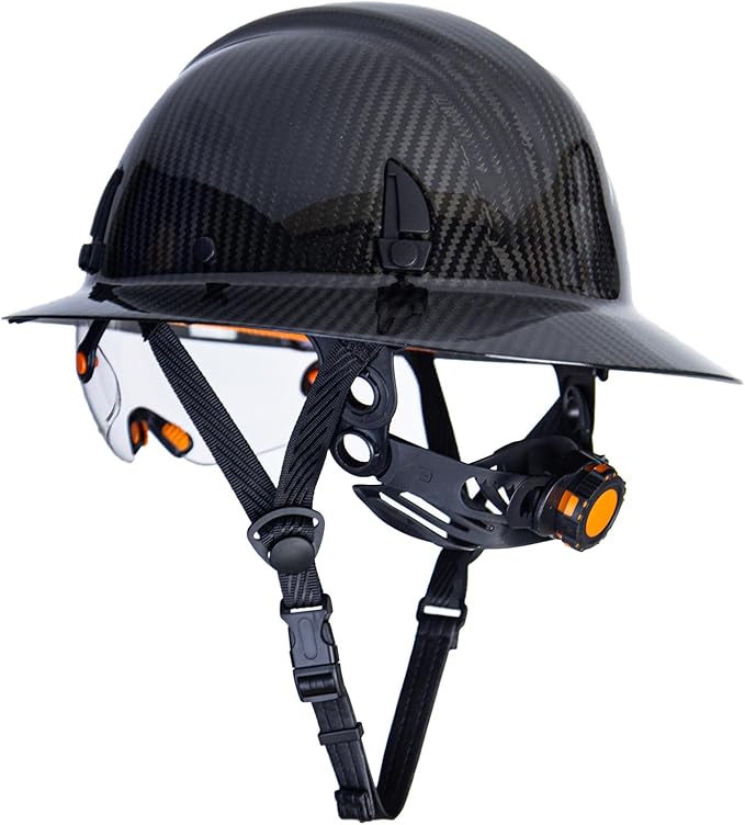 Carbon Fiber Hard Hat Full Brim with Goggles- Safety Helmet with 6-Point Adjustable Ratchet Suspension- ANSI Z89.1 Compliant