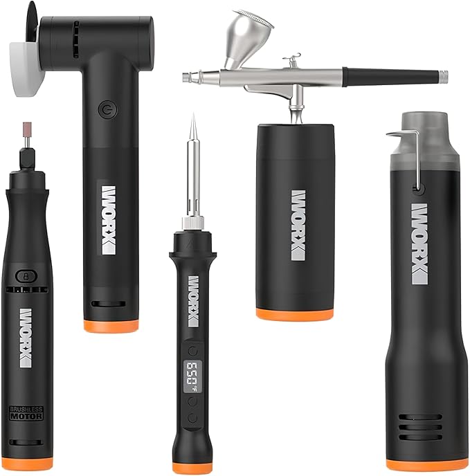 5 Pcs Crafting Tool Deluxe Combo Kit - Mini Rotary Tool, Mini Heat Gun, Air Brush, Soldering Iron, Angle Grinder with 20V 2Ah Power Share Battery, Hub & 41-Piece Accessories