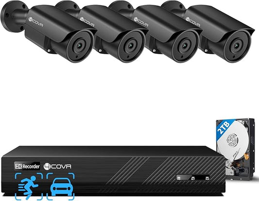 4COVR Security Camera System with Audio, 8CH 8MP H.265 UHD NVR with 2TB HDD, 4Pcs 5MP Wired Bullet PoE IP Camera IP67 Home Weatherproof, Person Vehicle Detection & Night Vision, LY37EB5M0804