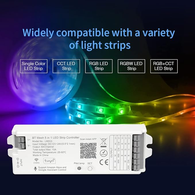 BTF-LIGHTING 5in1 LM053 Tuya Bluetooth Mesh Controller SmartLife TuyaSmart APP Control for Dimming CCT RGB RGBW RGBCCT LED Work with WR01RF WR02RF RC02RFB RC03RFB etc RF Remote DC12V DC24V Max 15A