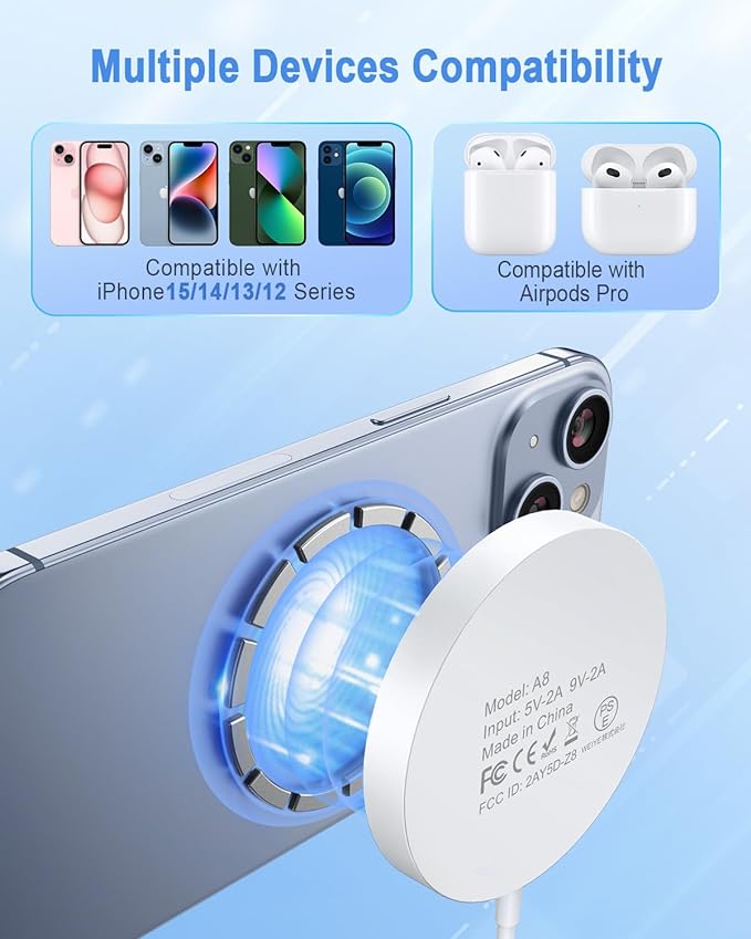 Magnetic Wireless Charger Mag Safe Charging Pad Compatible with iPhone 16/15 Pro Max/15 Pro/15/15 Plus/14/13/12 Series, 2024 Upgraded Fast Mag-Safe LED Charger with 20W Type-C Adapter (White)