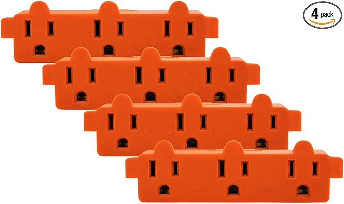 Maxxima Heavy Duty 3 Grounded Multi Outlet Adapter - Wall Plug Extender, Turns 1 Outlet into 3, Ideal for Garage, Workspace, and Indoor Use, Orange Adapter - Pack of 4
