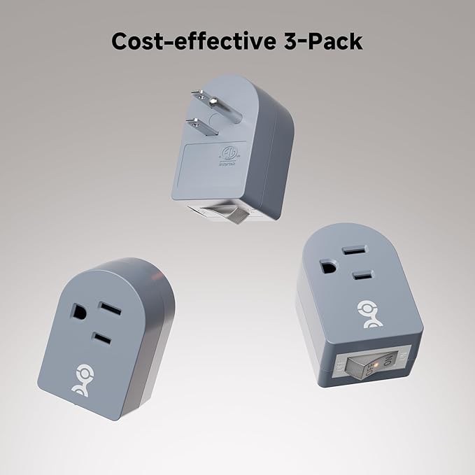 Cable Matters [ETL Listed] 3-Pack Grounded Outlet Switch with ON Off, Plug Switch ON Off, Single Outlet Adapter ON/Off, Gray