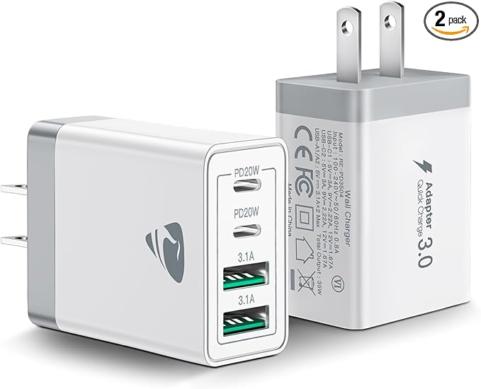 [2-Pack] USB C Wall Charger, 40W Fast USB C Charger Block, 4-Port PD Power Adapter + QC Wall Plug Multiport Type C Charging Block Cube Compatible with iPhone 16 15 14 13 12 11 Pro Max XR XS 8, Samsung