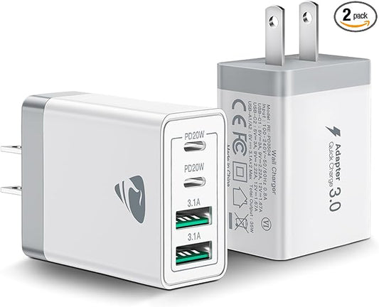 [2-Pack] USB C Wall Charger, 40W Fast USB C Charger Block, 4-Port PD Power Adapter + QC Wall Plug Multiport Type C Charging Block Cube Compatible with iPhone 16 15 14 13 12 11 Pro Max XR XS 8, Samsung