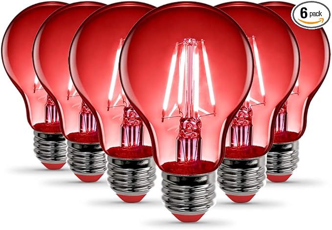 Feit Electric A19/TR/LED/6 25W Equivalent Dimmable Clear Glass Filament Colored LED Light Bulbs, Red, 6-Pack, 2.4" D x 4" H