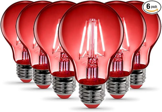Feit Electric A19/TR/LED/6 25W Equivalent Dimmable Clear Glass Filament Colored LED Light Bulbs, Red, 6-Pack, 2.4" D x 4" H