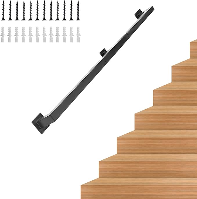 6.6FT Stair Handrail, Wall-Mounted Square Staircase Handrail, Stair Railing for Indoor & Outdoor Steps, Non-Slip Metal Steel Grab Bar for Stairs, Loft, Porch