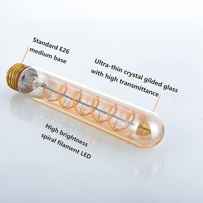 Dimmable 4W Tube LED Eison Bulb, T10 Vintage Long LED Bulb 40 Watt Equivalent Warm White 2700K, E26 Medium Base Amber Colored 7.3 Inch Long tubular edison bulb, 3 Pack