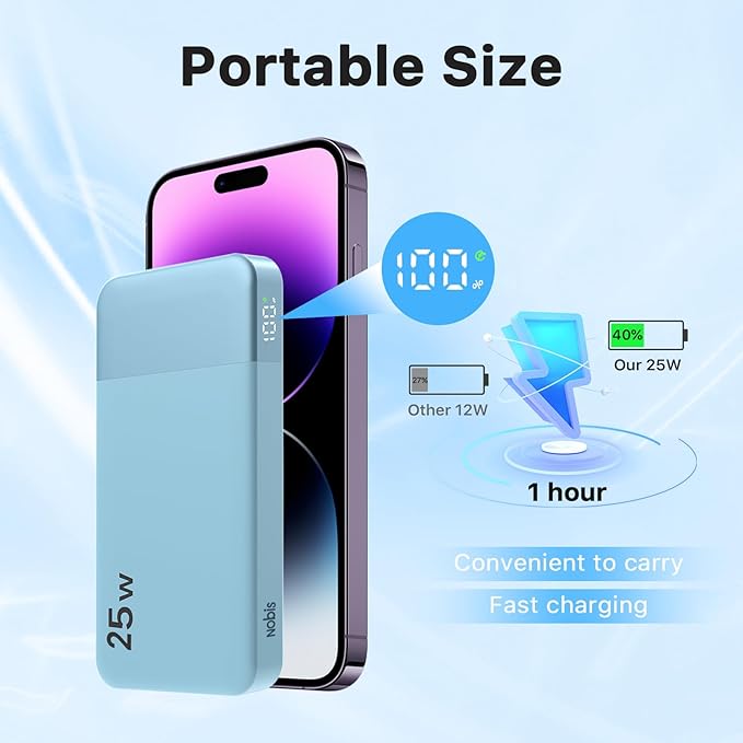 NOBIS Portable Charger, 10000mAh Power Bank Fast Charging, Battery Pack with C to C Cable, Battery Bank with Digital Display for iPhone iPad Android etc (Blue, 25W)