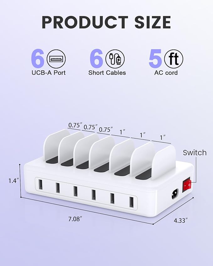 Charging Station for Multiple Devices Apple, CREATIVE DESIGN 50W Multi Charger Station with 6 USB Ports & 6 Cables, Charging Dock for Apple Android Phone iPad Kindle Tablet and Other Electronic
