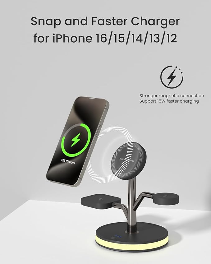 3 in 1 Charging Station for Apple Devices, Fast Charging Magsafe Charger Stand with LED Light and 20W PD Adapter, Wireless Nightstand Charger for iPhone16/15/14/13/12 Series& AirPods& iWatch and More