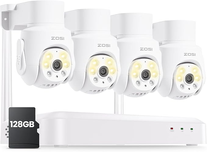 ZOSI 8 Channel 3K Wi-Fi 6 Security Camera System with 128G Memory Card for 24/7 Record, 4 x 5MP Pan Tilt WiFi Camera with Auto Tracking, Color Night Vision, Plug-in, AI Person Detect, 2-Way Audio