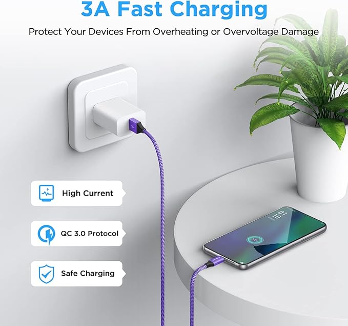 etguuds USB to USB C Cable 3ft, 2-Pack USB A to Type C Charger Cord Fast Charging for Samsung Galaxy A15 A25 A35 A55 A54, S24 S23 S22 S21 S20 S10 S10E, Note 20 10, Moto G, for iPhone 16 15, Purple