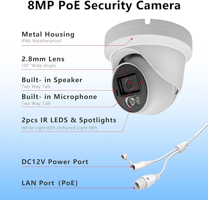 8MP 4K PoE IP Turret Dome Camera Outdoor