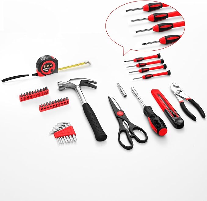 39-Piece Household Tool Set with Toolbox Storage Case - All Purpose Small Hand Tool Kit Includes Essential Tools for Home, Office, College Repairs, Red