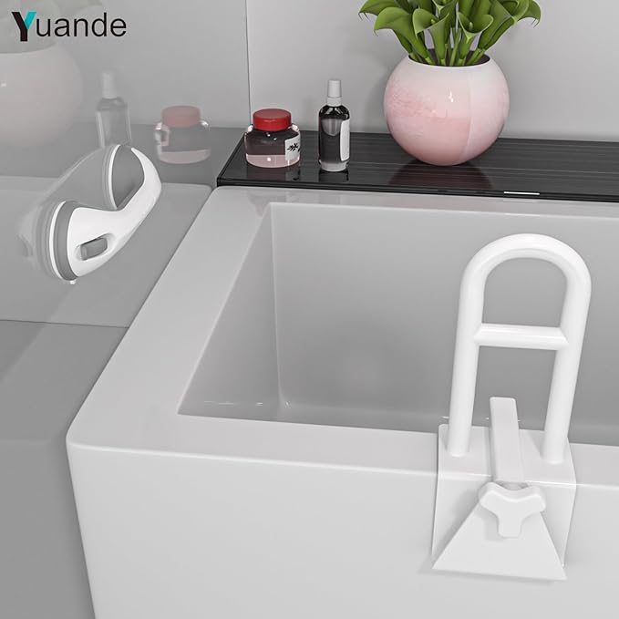Adjustable Bathtub Safety Rail with Showers Suction Handle,YuanDe 17x6 Inch Stainless Steel Tub Handle Grab Bar, Heavy Duty Bath Handles Clamp for Elderly Seniors Injury Disabled (300 LBS), White