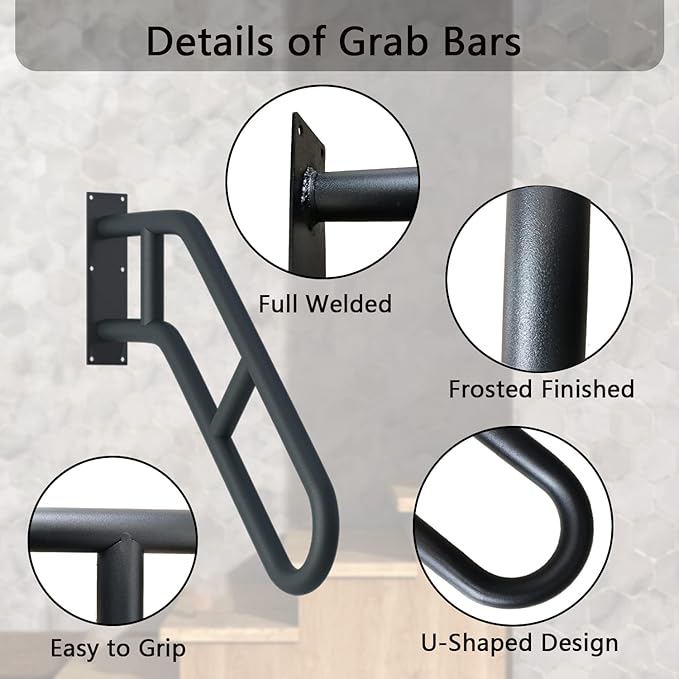 2 Pack Hand Railings for Stairs Outdoor, 27" Stair Handrails with Black Matte Finish and 2 Anti-Skid Bar, Wall Mounted Safety Grab Bars for Garage, Porch, Garden, Indoor, 1-3 Steps