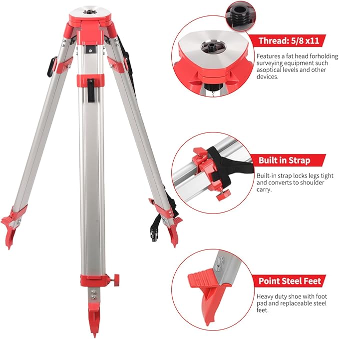 Heavy-Duty Aluminum Surveyor/Transit Tripod with 5/8”x11 Quick Clamp - Universal Leveling Equipment for Construction, Laser, Auto & Surveying