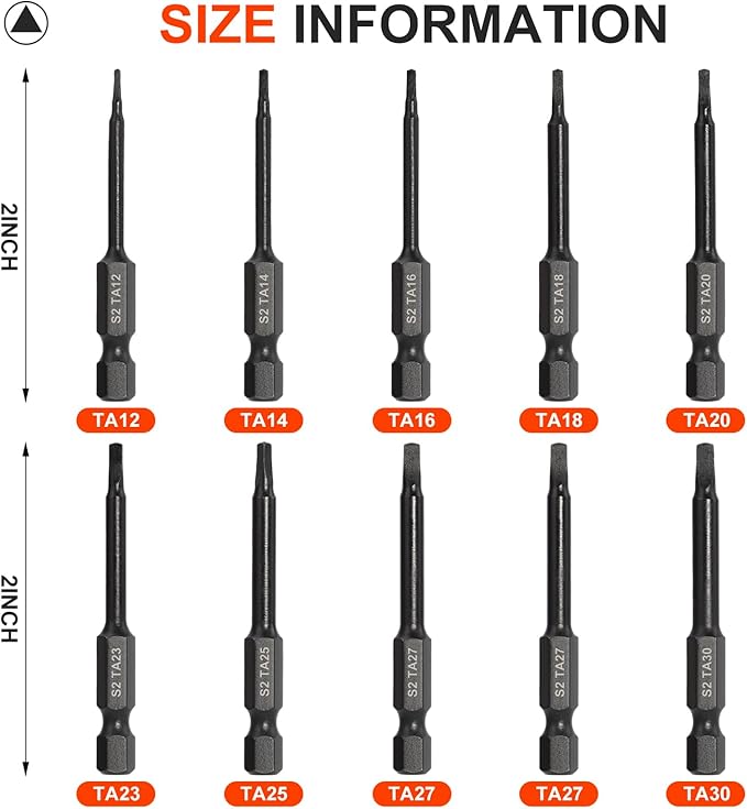 COMOWARE 10pcs Triangle Bit Set (Ta12-Ta30), S2 Steel 1/4" Hex Bit Set, Tamper-Proof Security Torx Bit Sets, CNC Tip Hex Drill Bits Sets, 2" Length, Magnetic Drill Bits For Electronic Devices