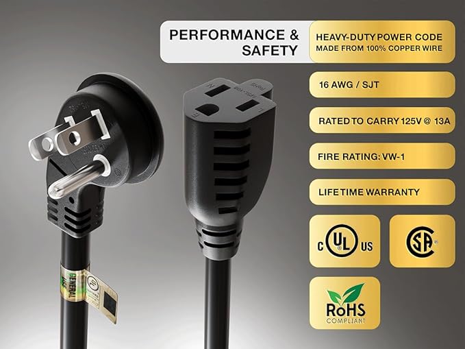 Ultra Low Profile Power Extension Cord (NEMA 5-15P to NEMA 5-15R) UL Listed (3 Foot (1 Pack), Black)