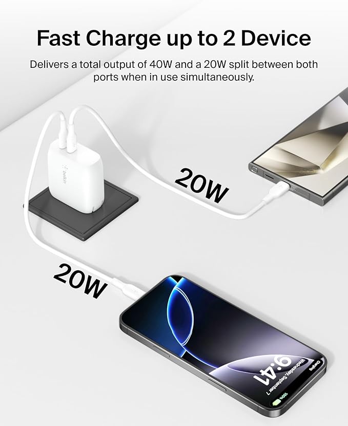 Belkin Dual Port USB C Charger Block 40W, USB-C Charger Fast Charging for iPhone 16, 15, 14, 13, Pro, Pro Max, Plus, Samsung Galaxy S25, Pixel , iPad, AirPods, Nintendo Switch 2 & More - White