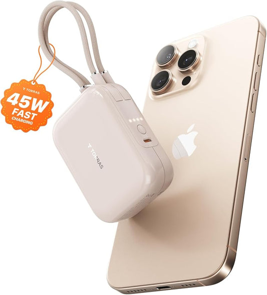 TORRAS 10000mah 45W Power Bank Portable Charger Fast Charging [Ultra Compact] Built in Cable USB C, Travel Essentials Phone Battery Pack Powerbank for iPhone 16 15, Samsung Google Moto etc