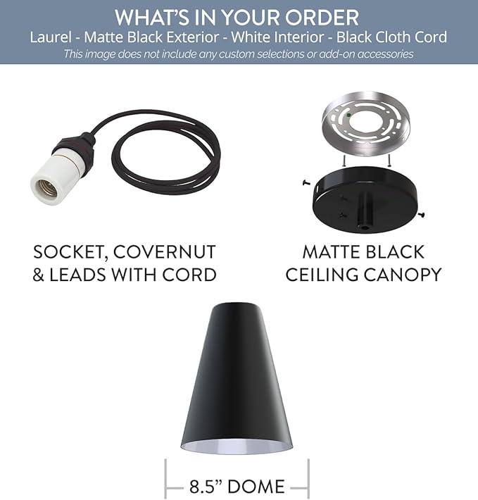 Steel Lighting Co. Laurel Pendant Light | Ceiling Mounted | 8.5 inch Cone Shade | Modern Contemporary Farmhouse Style Made in America | Black Cloth Cord | Matte Black Exterior/White Interior