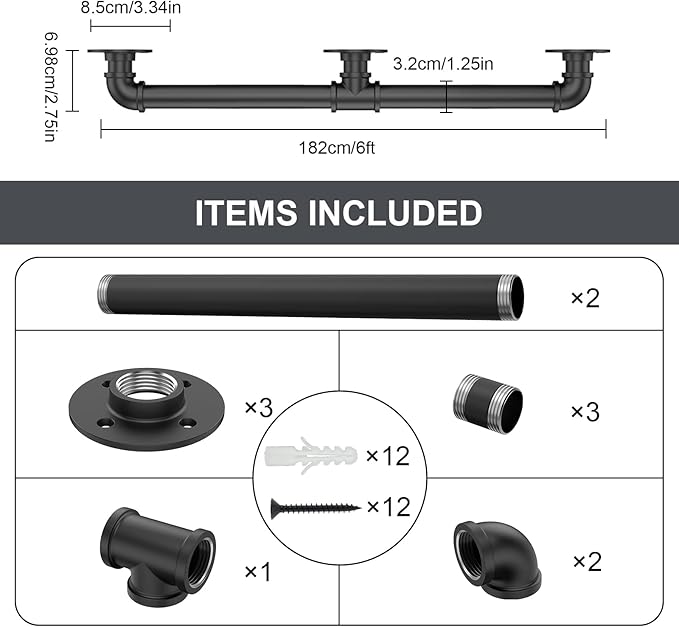 Willstar 6FT Industrial Staircase Handrail Non-Slip Pipe Bar Foot Rail Wall Mount Stair Rail Vintage Grab Bar for Steps Black Iron Pipe Handrail for Outdoor Indoor Stairs Loft Porch Hand Rail (6ft)