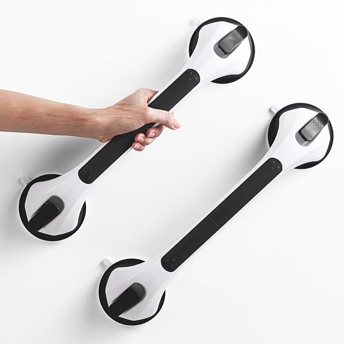 LEVERLOC 2 Pack Grab Bars for Bathtubs and Showers, Easy to Install Suction Shower Handles for Bathroom Removable Handrails for Seniors Elderly Safety Grip Waterproof Drill Free Black