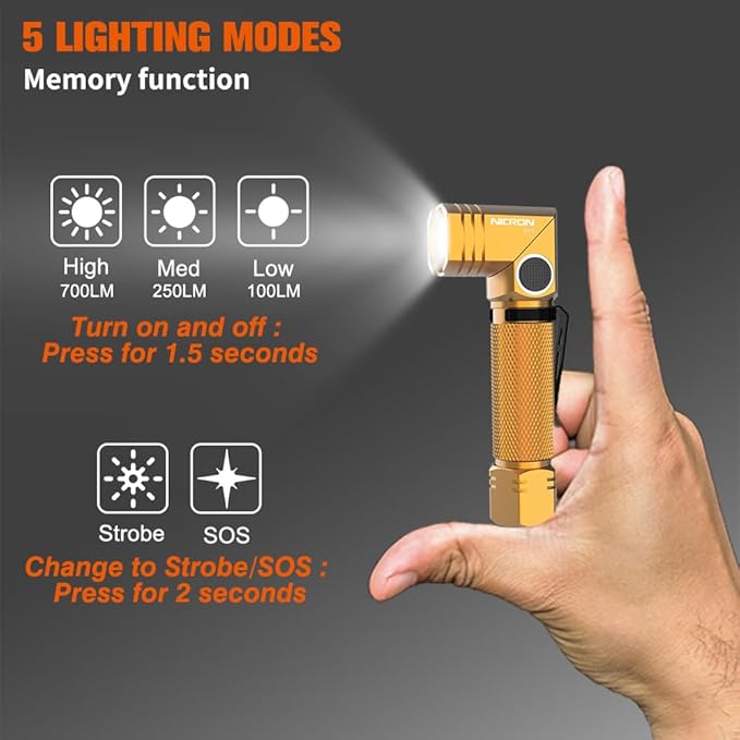 NICRON Flashlight, 700 Lumens 90 Degree Pocket Flashlight Rechargeable IP65 Waterproof 7 Modes for Camping, Outdoor, Hiking, Car Repairing, Gold