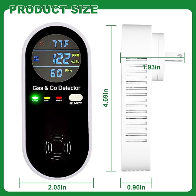 Combustible Gas & Carbon Monoxide Detector 4-in-1 Alarm with Temp/Humidity Sensor – Plug-in CO/Gas Leak Detector for Home, RV, Apartment Safety (Explosive Gas & CO Detection) 1-Pack