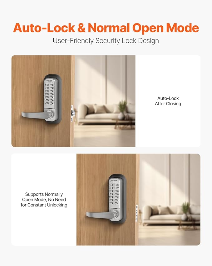 VEVOR Mechanical Keyless Entry Door Lock, 14 Key, Mechanical Keypad with Handle, Double-Sided Stainless Steel Waterproof Keyless Gate Lock, for Home Office Yard, Sliver