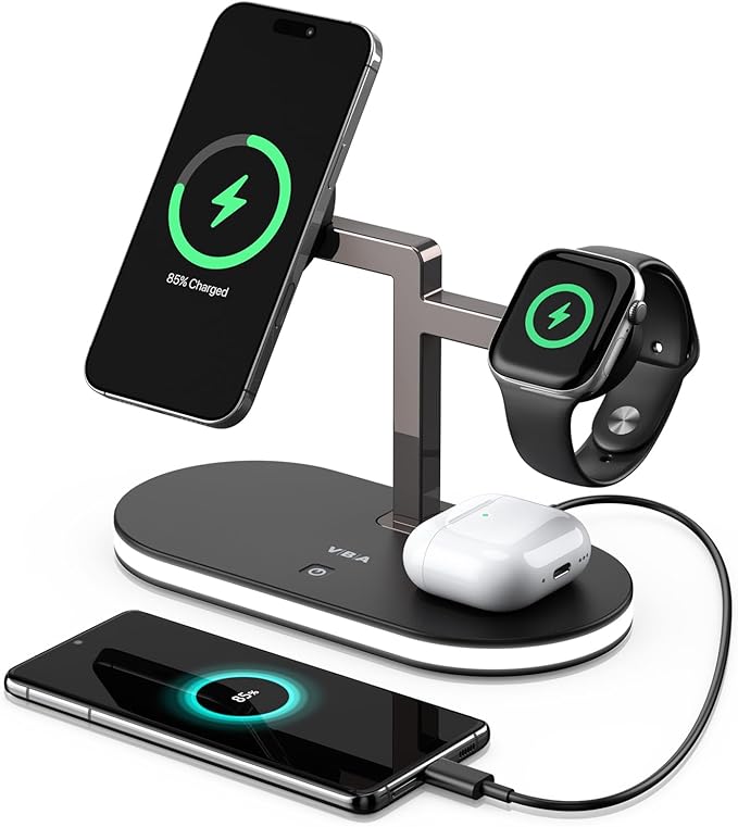 VBA 4 in 1 Wireless Charging Station for Apple MagSafe Charger,Fast Charging Magnetic Wireless Charger Stand with Night Light for iPhone 17 Air 16 15 14 13 12 Series,Apple Watch,AirPods Pro (Black)