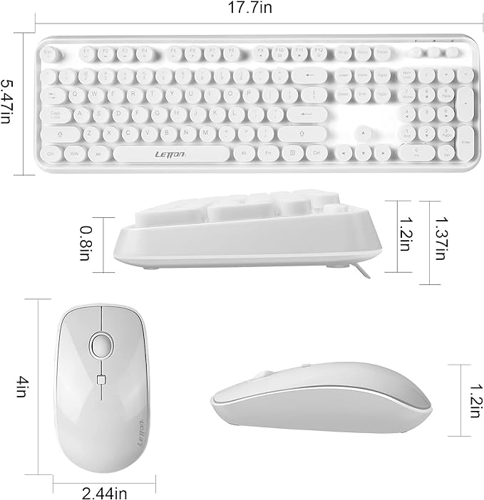 Wireless Keyboard Mouse Combo, 2.4GHz White Wireless Keyboard Typewriter, Letton Full Size Office Computer Retro Keyboard and Optical Cute Mouse with 3 DPI for Mac PC Desktop Laptop