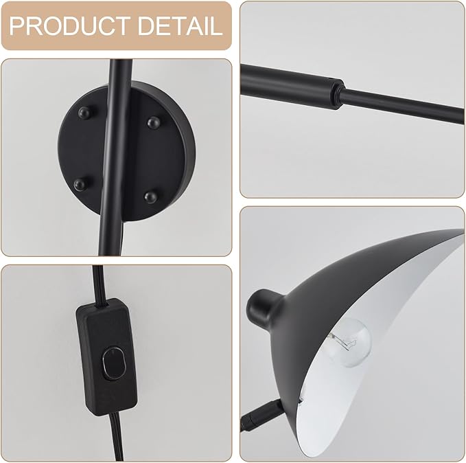 67" Mid-Century Wall Sconce Plug in with Adjustable 2-Arms, Matt Black Wall Lights with On/Off Cord for Bedroom, Living Room, Dining Room 2-Light