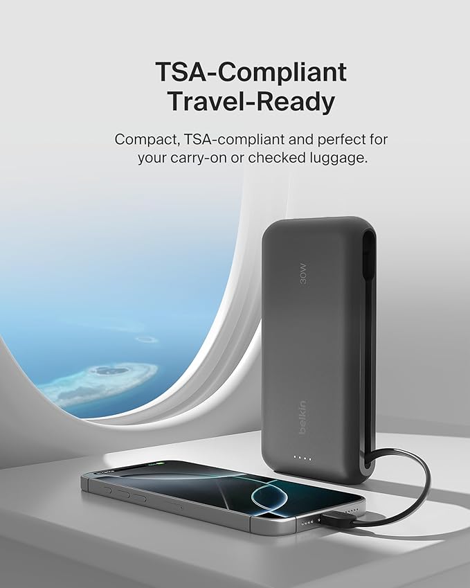 Belkin Portable Charger, Power Bank with Integrated Cable 20000 mAh 30W - Fast Charging USB C Power Delivery, iPhone Charger - iPhone 16 Series, iPad Pro, Galaxy S25 Series, & More - Black