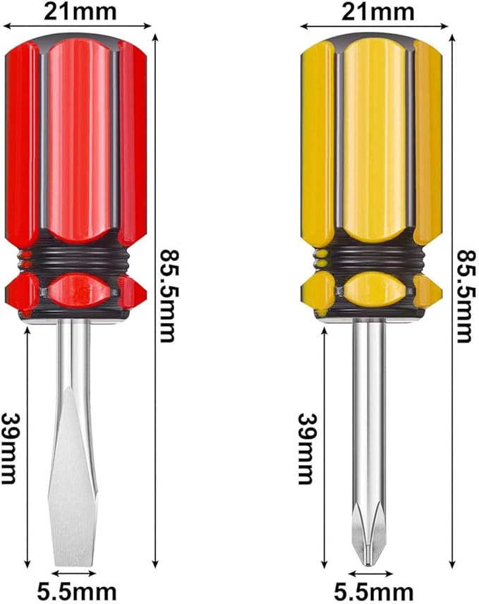 Buspoll Short Screwdriver Set: Two-Color Small Handle Stubby Screwdriver - Phillips & Flat Head