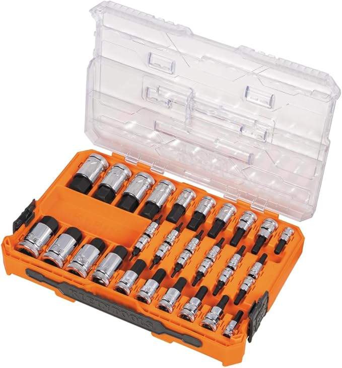 Klein Tools 65233HEX Hex Bit Socket Set, 1/4, 3/8, 1/2-Inch Drives, Knurled, SAE (5/64 to 3/4 inch) and Metric (2 to 19mm) with MODbox Case, 32-Piece