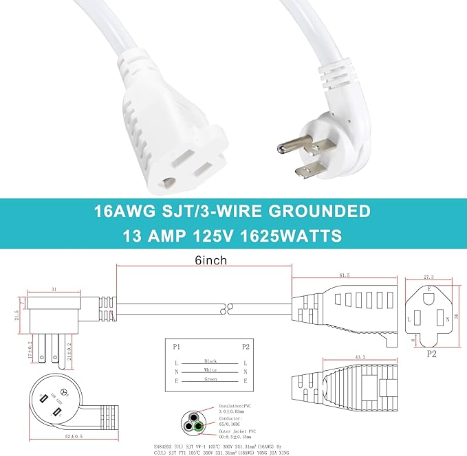 [1 Pack] Flat Wall Plug Short Power Extension Cord - 6inch Mini White Low Profile Flat Head Small Appliance Power Supply AC Cord, 1625W 16AWG Household 3 Prong Indoor Grounded Short Extension Cord