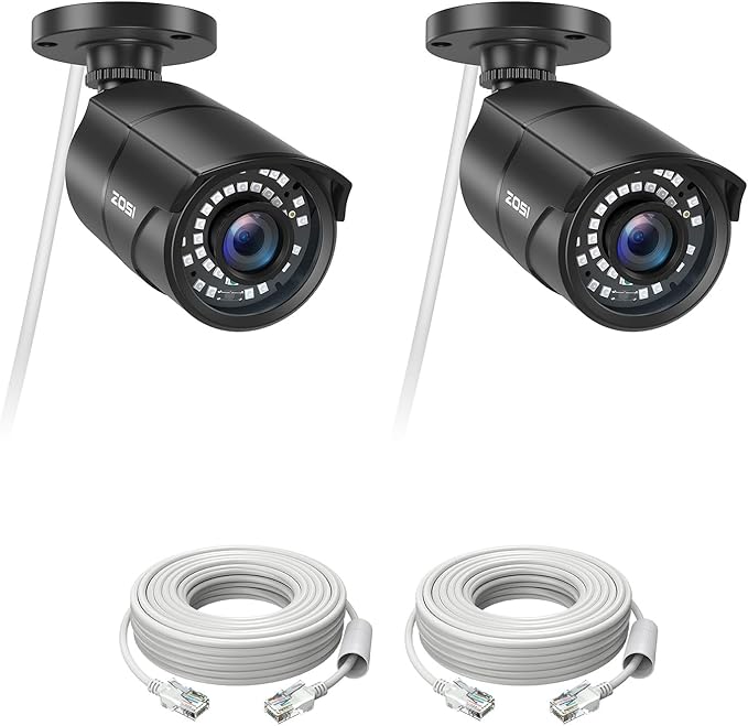 ZOSI 2 Pack 5MP 3K Add-on Security POE Camera with Cable, 2880 x 1620 Indoor Outdoor Bullet IP Camera, 120ft Night Vision, 3.6mm Lens, 95°View Angle, IP66 Weatherproof (Only Work with Our PoE NVR)