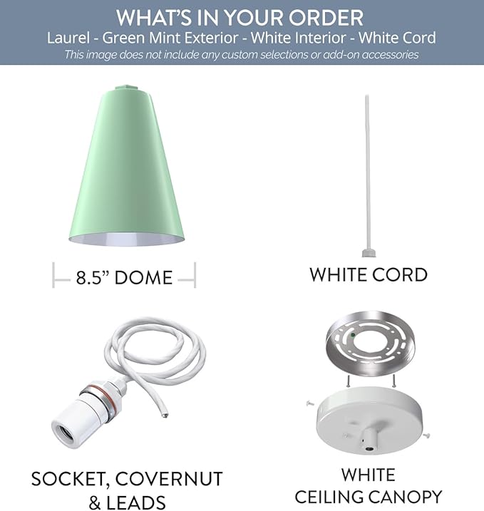 Steel Lighting Co. Laurel Pendant Light | Ceiling Mounted | 8.5 inch Cone Shade | Modern Contemporary Farmhouse Style Made in America | White Cord | Mint Green Exterior/White Interior
