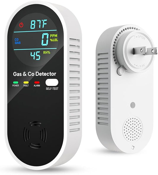 Carbon Monoxide Detectors & Natural Gas Detector, 4-in-1 Carbon Monoxide Detectors Plug in, Gas Leak Detector with Dual Alarms, Temperature & Humidity Sensor for Home, RV Essentials, Black, 1 Pack