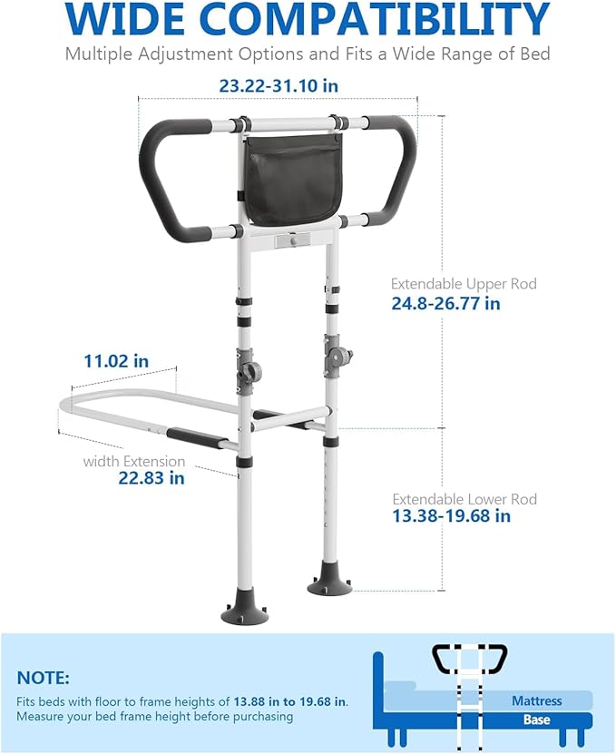 Bed Rails for Elderly Adults Seniors Adjustable Height Safety Rail with 400 Lbs Capacity, Non-Slip Handle & Smart Night Light, Fall Prevention Grab Bar for King Queen Full Twin Beds White