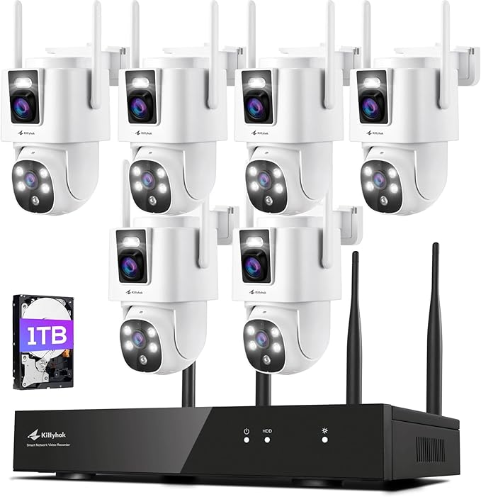 Kittyhok Dual Lens Wireless Security Camera System, 6pcs 2K Outdoor Camera with 2.4/5GHz WiFi, Pan & Tilt, Auto Tracking, Human Detection, Color Night Vision, 16CH WiFi 6 NVR, KWDP164 Bundle with CDP2