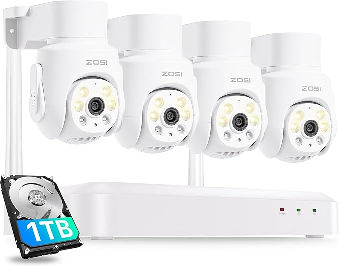 ZOSI 8CH 3K Wi-Fi 6 Security Camera System, 4 x 5MP Pan Tilt WiFi Camera with Auto Tracking, Color Night Vision, Plug-in, AI Person Detect, 2-Way Audio, 8 Channel WiFi NVR with 1TB HDD for 24/7 Record