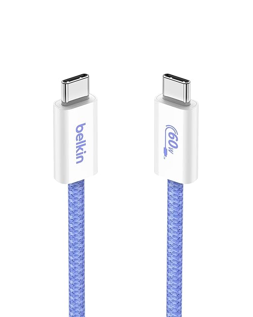 Belkin USB C to USB C Cable, 3.3ft, 60W - Type C Charger, iPhone Charger Cord, Soft, Braided, Flexible for iPhone 16, Galaxy S25, Pixel 9, Airpods, iPad Pro, Tablet & More, Travel Essentials - Blue