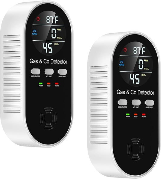 5 in 1 Carbon Monoxide Detectors Plug in with Temperature Humidity Sensor Built in Battery Backup, Natural Gas Leak Detector with Clear LED Display Sound & Light Warning for Home/Hotel, 2Pcs, Black.