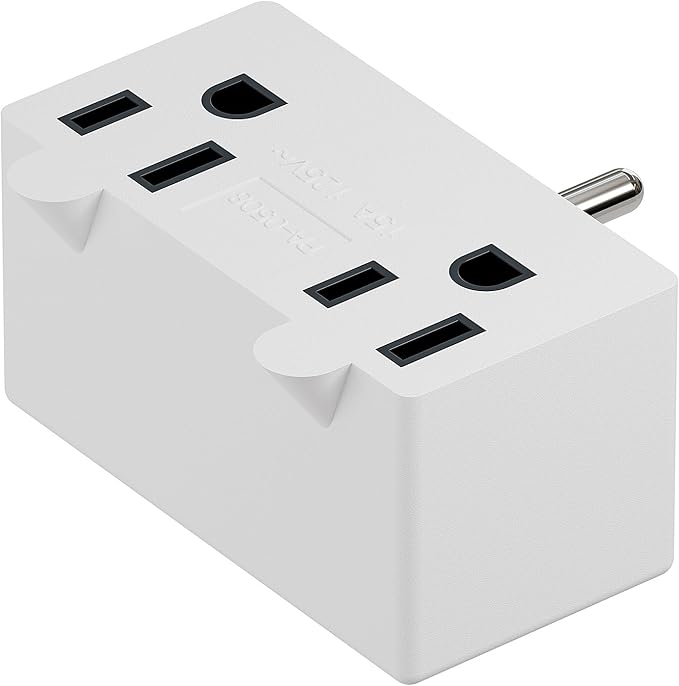 PA-0508W 90 Degree Right Angled USA Male-Female Power Adapter, 5-15P to 2 * 5-15R Direction Changer Space Save Adapter White