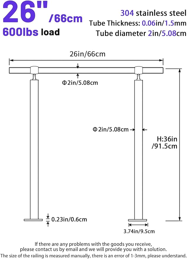 Outdoor 2 Step Handrail, DIY 304 Stainless Steel Transitional Hand Rails with Installation Kit,Silver Porch Stair Railing for Concrete Brick or Wooden Steps, 26x36 in